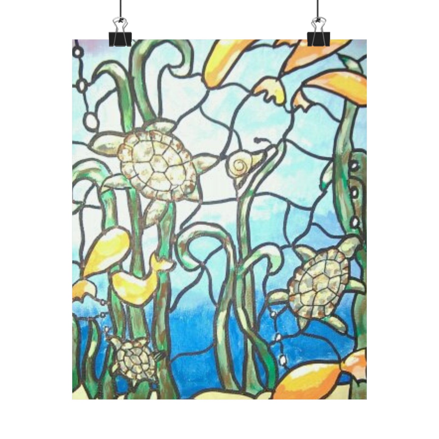 Baby Sea Turtles as Faux Stained Glass Poster